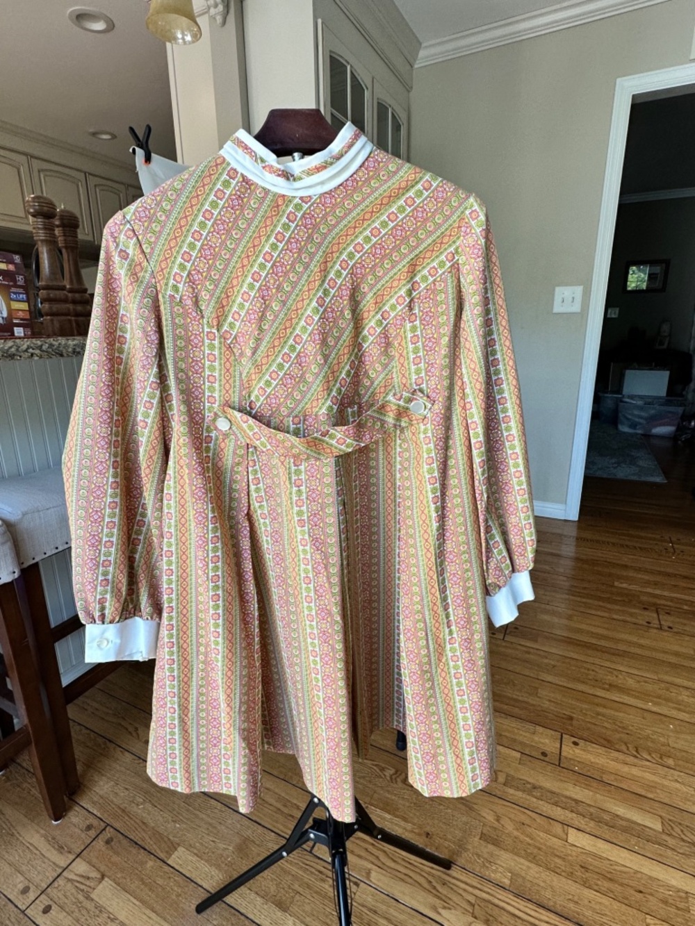 Vintage 60s 70s Handmade Mod Mini Dress Belted Geometric Print S/M